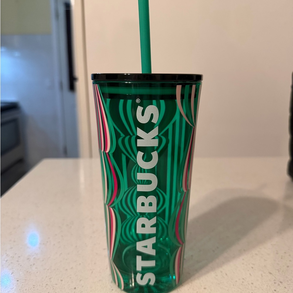 Starbucks Christmas Green and Pink Striped Tumbler